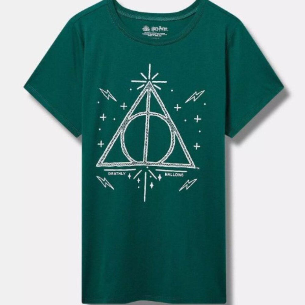 Torrid Harry Potter Deathly Hallows Green Classic Fit Crew Tee, Size 0 (Large)